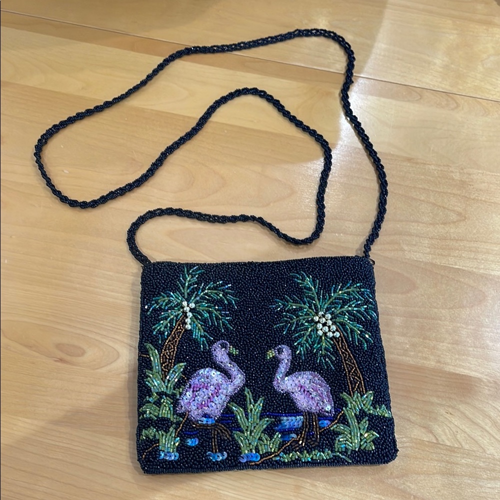 Vintage black flamingo beaded purse with long strap.